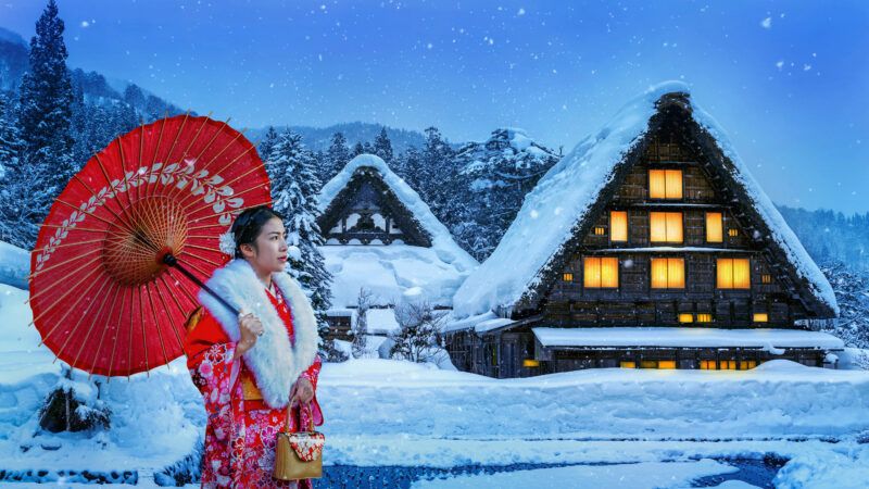 asian woman wearing japanese traditional kimono shirakawa go village winter japan scaled